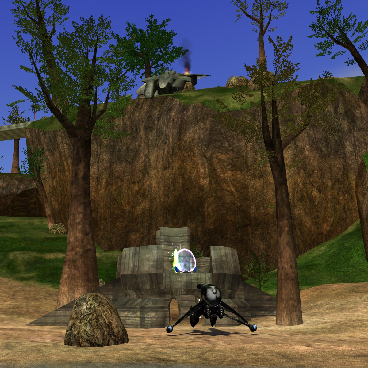A scene from the shore of the island, with a focus on the neutral base and Carpet Bomber.